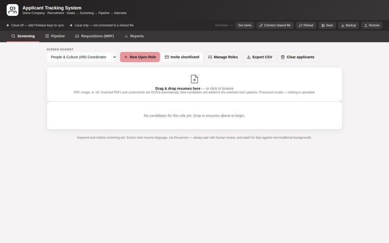 Applicant Tracking System — home screen