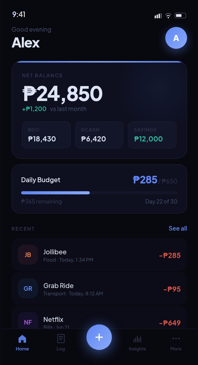Money Tracker app — home screen